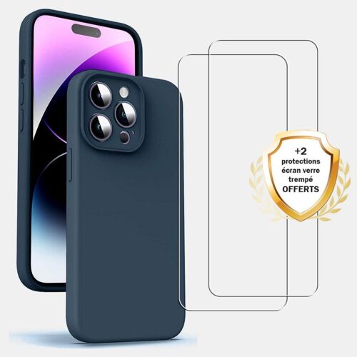 Coque iPhone 14 Pro Silicone liquide Bleu Marine + 2 Vitres en Verre trempé Protection écran Antichocs Evetane