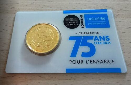 France 2021 - 75 Ans De L' Unicef - Coincard - 2 Euros Commemorative Plaqué Or