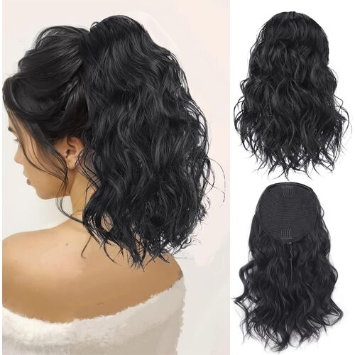 Kalanka-35 Cm Perruque Femme Naturelle Postiche Queue De Cheval Perruque À Queue Cheval Courte Drawstring Wave Idéal Pour Un Usage Quotidien Pour Les Fêtes(Noir) 