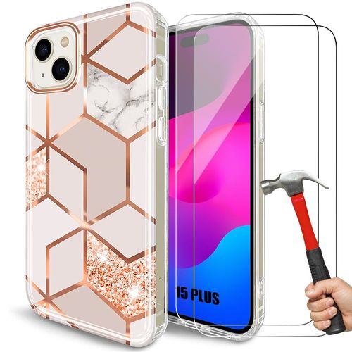 Coque + 2 Verres Trempés Pour Iphone 15 Plus, Coque Slim Elégant Motif Marbre Rose Antichoc - Booling