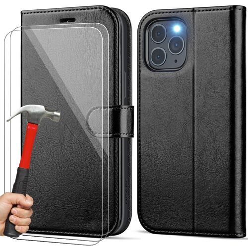 Coque Pour Iphone 15 Pro Max + 2 Verres Trempés, Protection Effet Cuir Noir Fermeture Magnétique - Booling