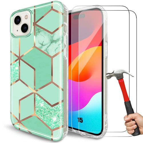 Coque + 2 Verres Trempés pour iPhone 15, Coque Slim Elégant Motif Marbre Turquoise Antichoc - BOOLING