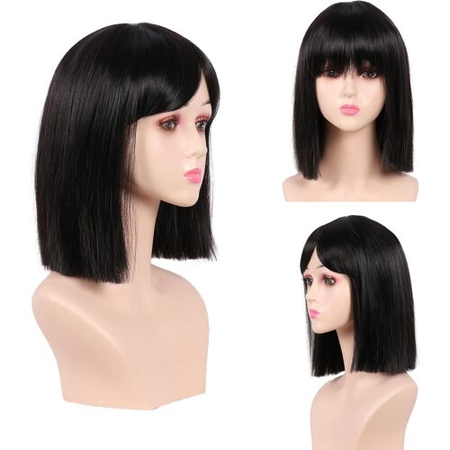 Kalanka-Perruque Bob Courte Noir Avec Frange Pour Femme, Perruque Complète Synthétique Naturelle Droite Pour Un Usage Quotidien Cosplay De Fête 30,5 Cm 