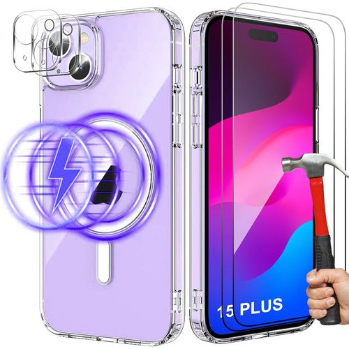 Coque Pour Iphone 15 Plus Avec Anneau Magnétique + 2 Verres Trempés Et 2 Protections Caméra Arrière - Booling
