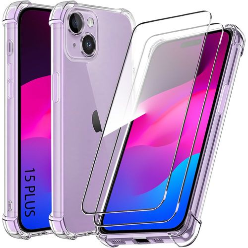 Coque pour iPhone 15 Plus - Protection Silicone Antichoc Transparent + 2 Verres Trempés - BOOLING