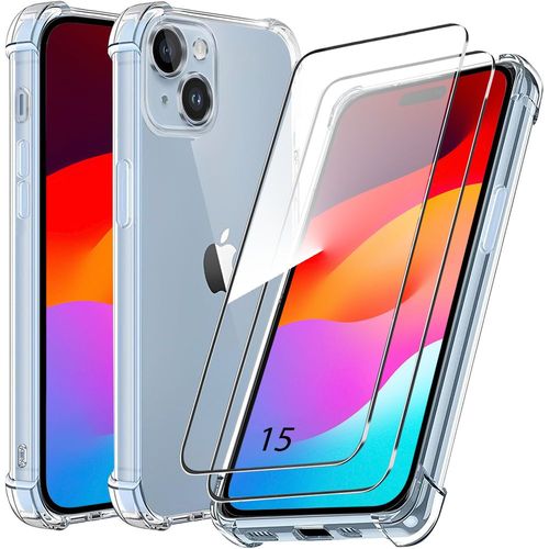 Coque pour iPhone 15 avec 2 Verres Trempés, Pack Protection 4 Coins Renforcés Silicone - BOOLING