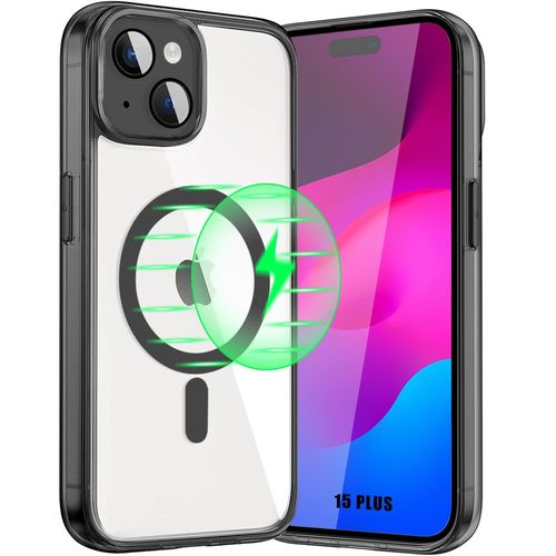 Coque Pour Iphone 15 Plus - Transparent Antichoc Contour Noir Avec Cercle Magnétique Et Protection Verre Trempé Caméra Arrière - Booling