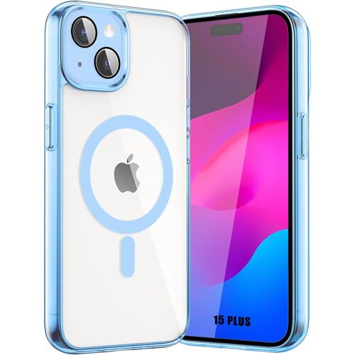 Coque Pour Iphone 15 Plus Avec Cercle Magnétique Et Protection Caméra Vitre, Coque Rigide Transparent Contour Bleu - Booling