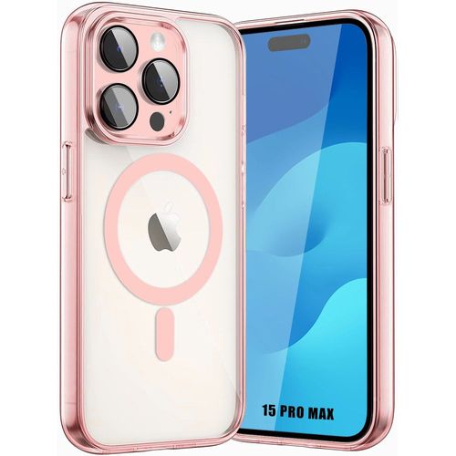 Coque Pour Iphone 15 Pro Max Avec Cercle Magnétique Et Protection Caméra, Coque Rigide Transparent Contour Rose - Booling
