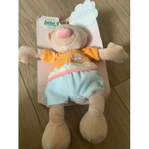 Peluche doudou ours orange bleu nattou bar Bear oso 