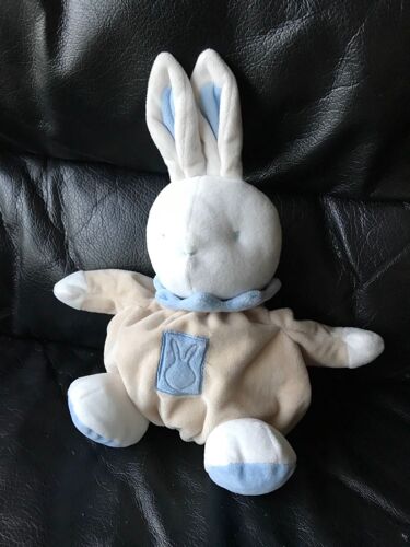 Doudou Lapin Blanc Bleu Beige Boule Klorane 27cm