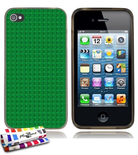 COQUE CASE ULTRA-SLIM IPHONE 4 4S MOTIF BRIQUES VERTES SILICONE SOUPLE GRIS (A2)