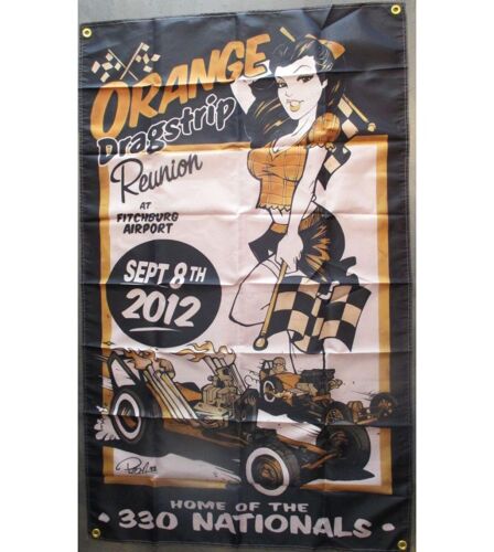 Drapeau Orange Dragstrip Reunion 2012 Avec Pin Up Brune Et Hot Rod 150x90cm