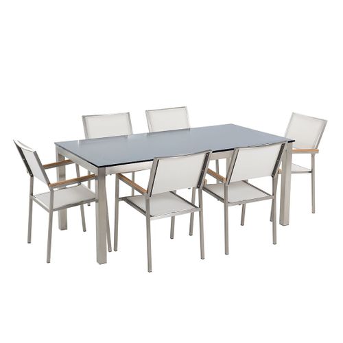 Ensemble De Jardin Table En Verre Noire Et 6 Chaises Blanches Grosseto