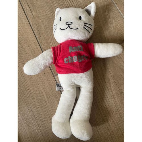 Doudou peluche chat tape à l ?il anti chagrin t shirt rouge blanc 
