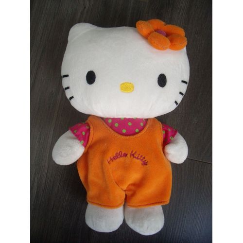 Hello Kitty Doudou 27 Cm Salopette Orange T-Shirt Fuchsia À Pois Vert Fleur Orange
