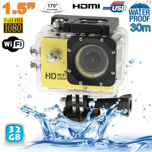 Caméra Wifi Sport Embarquée Plongée Caisson Caméscope Full HD 1080P Jaune 32 Go YONIS