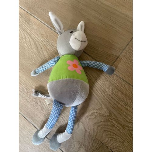 Doudou peluche Ane obaibi okaidi gris t shirt vert fleur rose 