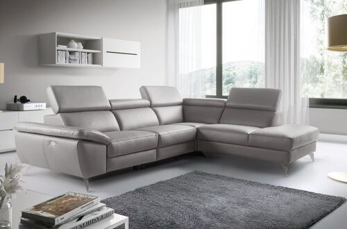 Canapé d'angle relax en 100% tout cuir épais de luxe italien avec relax électrique, 5/6 places KASTER, gris clair, angle droit