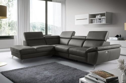 Canapé d'angle relax en 100% tout cuir épais de luxe italien avec relax électrique, 5/6 places KASTER, anthracite, angle gauche