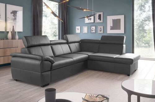 Canapé d'angle convertible en cuir italien de luxe 5/6 places TONY, avec coffre, gris foncé, angle droit