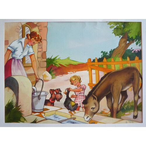 Dessin Original De Dupuich Pour L'album "A La Ferme" : Fermière Et Animaux