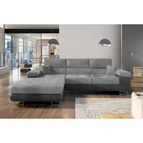 - Canapé d'angle convertible ARMEL en tissu luxe 5 places, gris clair / gris foncé, bicolore, avec coffre, angle gauche (vu de face)
