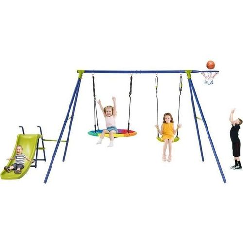 Costway Portique Avec Balançoire Nid D'oiseau Ronde Ø82cm,Toboggan,Panier De Basket 4 En 1 Balançoire Extérieure Réglable 3-12 Ans