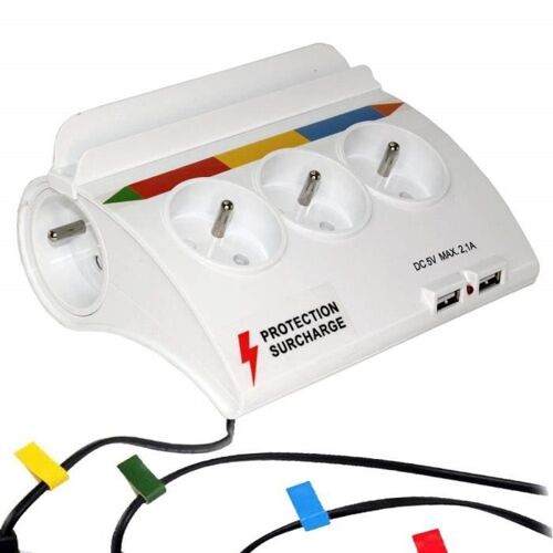 Bloc Multiprise Couleur 5 prises et 2 USB + 5 Stickers - Support Téléphone - Normes NF