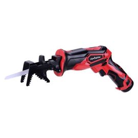 Scie Sabre Électrique Sans Fil Batterie 12V - BrasTélescopique 170 cm - Mâchoire de Serrage - 2 Lames pour Bois et Métaux - Rouge