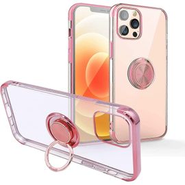 Conception de coque de téléphone transparente pour iPhone 13 Pro Max Edge Placage avec support d'anneau de doigt Béquille compatible avec Apple 6,7 pouces en or rose (fonctionne avec Magne