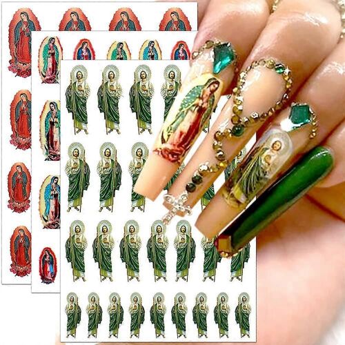6 Feuilles Vierge Marie Ongles Autocollants, San Judas Nail Sticker Jésus Nail Stickers Religieux Nail Art Stickers 3d San Judas Tadeo Self-Adhsive Stickers Pour 