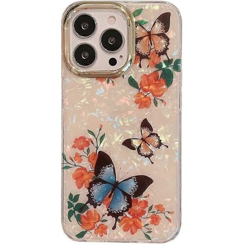 Mignon Papillon Fleur Floral Nacré-Lustré Coquillage Motif Clair Doux Coque Pour Les Femmes Filles (Blanc, Iphone 12 Pro Max)