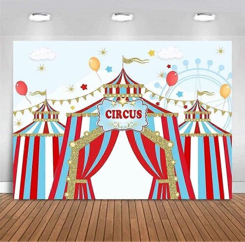 7x5ft Red Circus Photographie Toile De Fond Carnaval Carrousel Chapiteau Tente Premier 1er Arrière-Plan Baby Shower Enfants Fête D'anniversaire Bannière Fournitures Dessert Cand