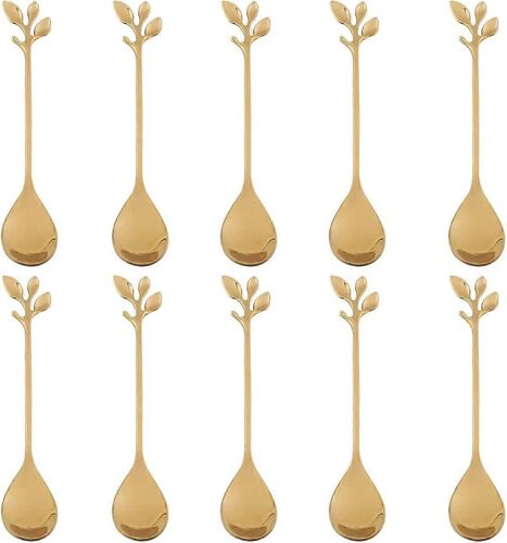 Cuillère À Café En Feuille D'or En Acier Inoxydable--Ansaw 10 Pcs Creative Napware Cuillères À Dessert, Remuer, Mélanger, Sucre, Remuer, Crème Glacée, Gâteau, Ensemble De Cuillère À Café (