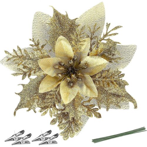 Noël Poinsettia Fleurs Artificielles Décorations 5.5 ""Arbre de Noël Couronnes Guirlande Décoration 12 Pcs Glitter Fleurs Pics (Or)