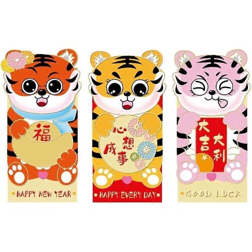 3pcs Rouge Enveloppes Chinois Nouvel An Enveloppes Rouge Dessin Animé Tigre Animal Imprimer Lucky Money Poches Printemps Festival Argent Cadeau Sac(12)