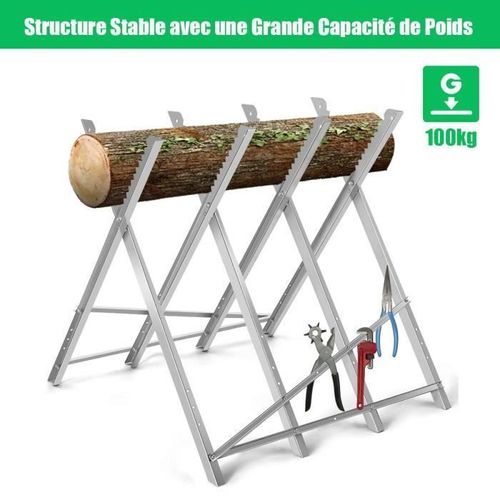 COSTWAY Chevalet de Sciage Pliable en Acier Antirouille 4 Supports de Train avec Dents de Scie à Encoches Capacité de Poids 100 kg