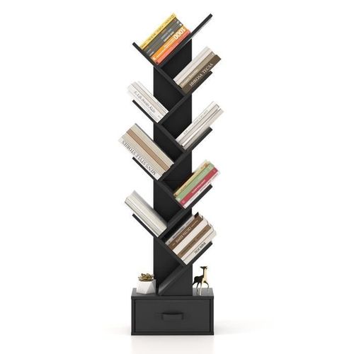 Costway Bibliothèque En Forme À Arbre, Étagère De Livres Avec Tiroir En Tissu, Style Industriel, 38 X 21,5 X 149,5 Cm, Noir