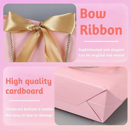 10 PCS Sacs Cadeaux avec Poignées, Sac de Cadeaux de Fête en Papier avec Ruban De Noeud Élégant Pour Mariage Anniversaire Graduation Célébration Vacances Cadeau Wrap (Rose)
