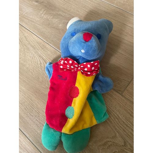 Doudou peluche marionnette musti mustela vert rouge bleu jaune 