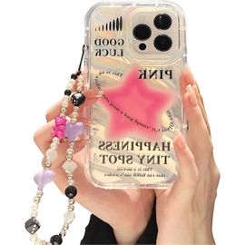 Coque pour iPhone 14 et iPhone 13 avec breloque / chaîne de téléphone, motif d'étoile rose scintillant clair mignon étui de téléphone avec bracelet de coeur d'amour de perle, femmes de luxe Bling