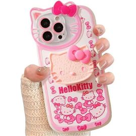 Compatible avec l'iPhone 15 Pro Max Coque de téléphone de dessin animé mignon, Coque de téléphone de chat Kawaii drôle avec support de poignée pour enfants, filles et femmes, rose