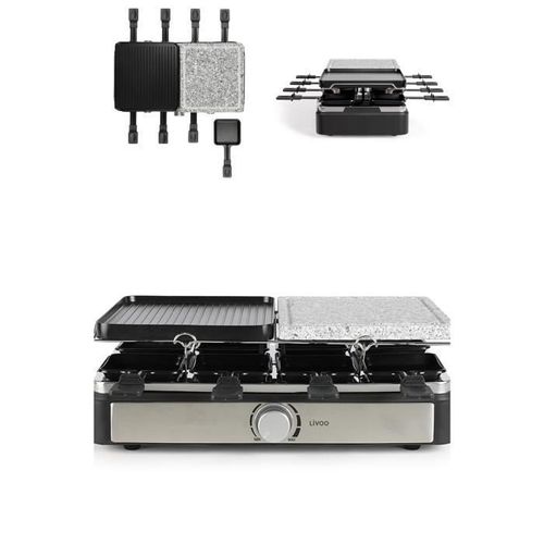 Appareil Raclette-Grill-Plancha-Pierre de Cuisson Chrome 1400 W Inclus 8 poêlons Noire Argent