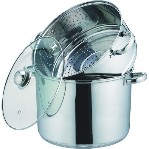 Kamberg - 0008074 - Couscoussier / Cuit Vapeur / Faitout 3 En 1 -Diamètre 30 Cm - 15 Litres - Acier Inoxydable Haute Qualité - Couvercle En Verre - Tous Feux Dont Induction