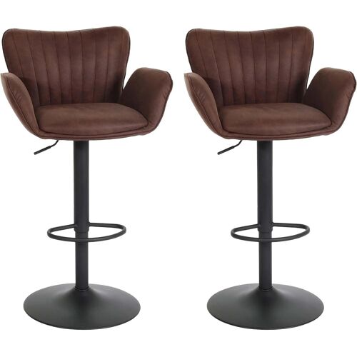 Lot de 2 tabourets de bar chaise haute avec accoudoir repose-pieds rotatif en tissu marron foncé base en fer noir TDB04091