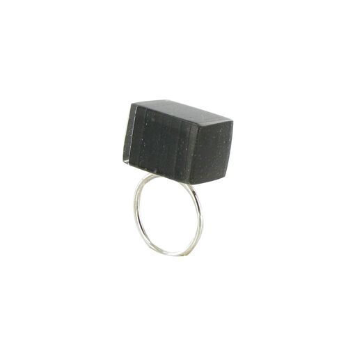 Les Poulettes Bijoux - Bague Rectangle En Argent Et Verre Feuilleté Noir