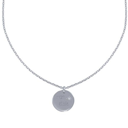 Les Poulettes Bijoux - Collier Argent Rhodié Médaille Ronde Gravée Mon Etoile
