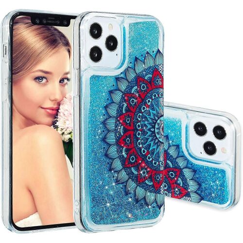 Coque iPhone 12 (6,1 pouces), transparent doux TPU Blue Mandala Design élégant avec coeurs Glitter Bling Quicksand brillant coulant liquide Coque Cover pour iPhone 1