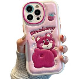 Compatible avec l'iPhone 13 Pro Max Cute Case, le TPU en cuir de téléphone Embosse Cartoon case Caoutchouc souple antichoc protecteur (Pink Bear Back)